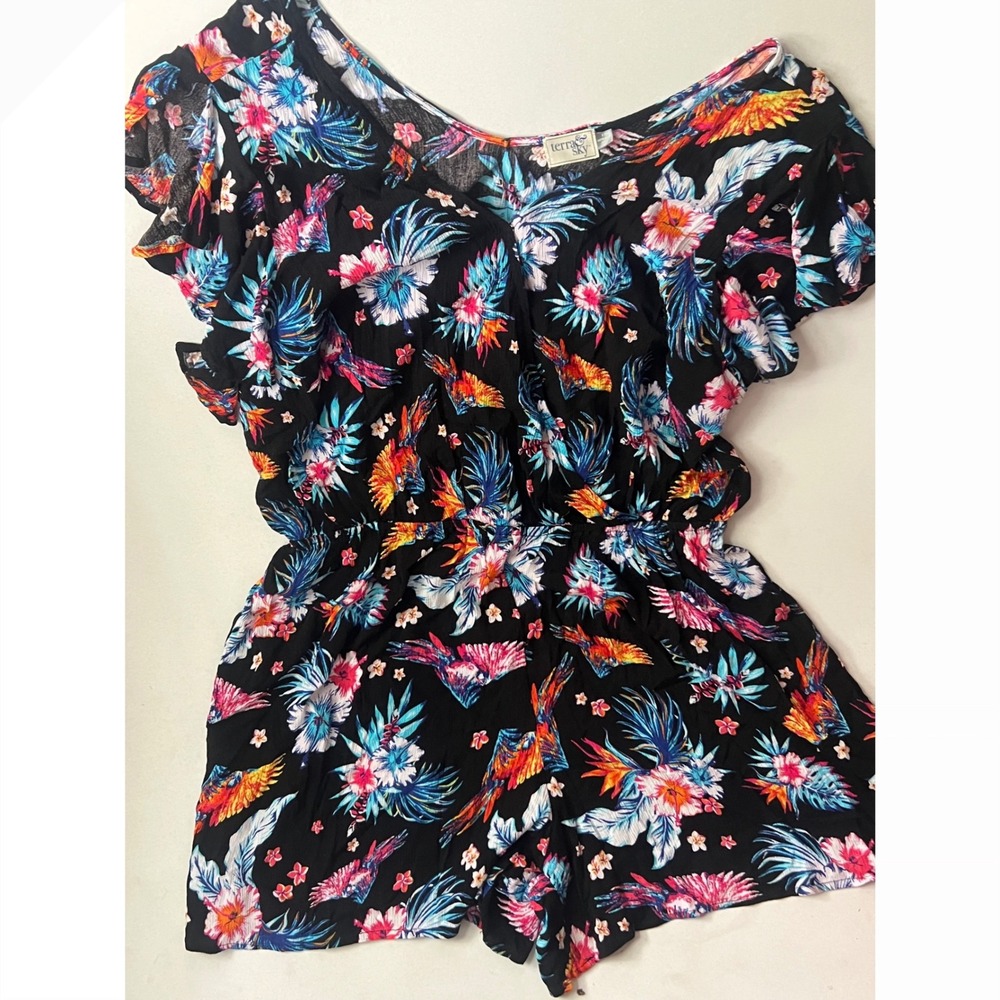 Womens 2X Black Tropical Summer Vacation Floral Flutter Sleeve Snap Front Romper